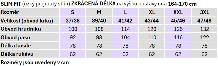 Tabulka velikostí MMER ZKRÁCENÁ délka SLIM fit